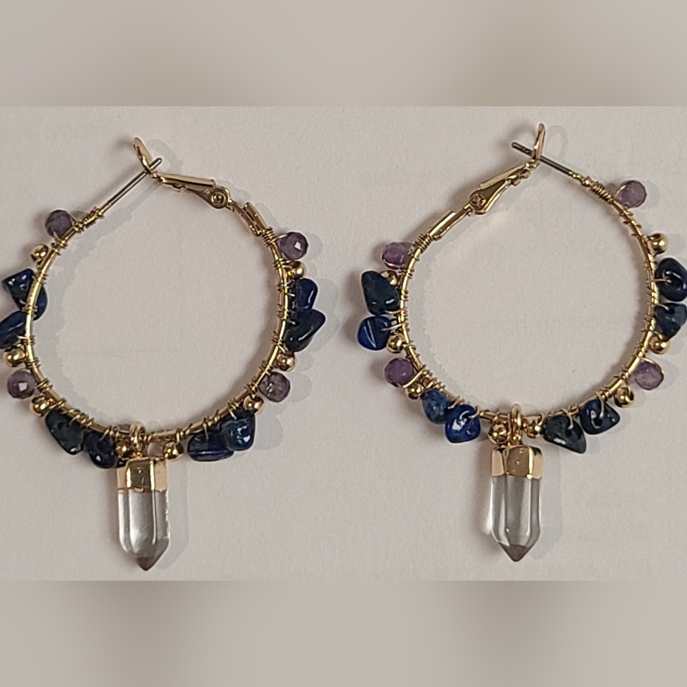 I AM GEMSTONES HOOP EARRINGS LAPIS LAZULI AMETHYST QUARTZ LEVER BACK EARRINGS